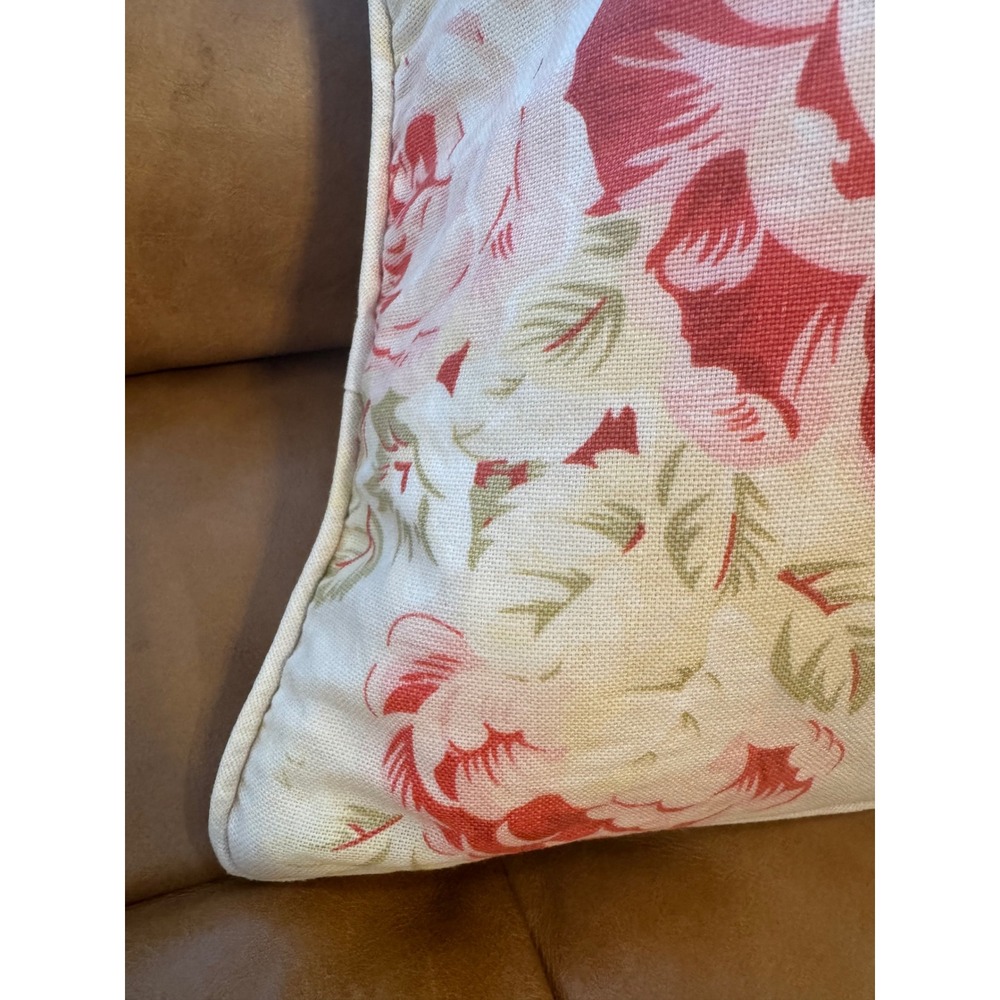 Pottery Barn Set 2 Floral Rose Peony Linen Cotton Pillow Covers 18x18 Cream Red - Picture 2 of 11